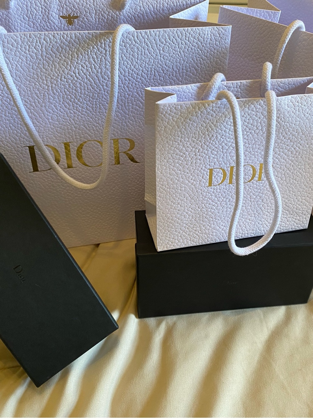 Dior White Textured Tote with Gold Logo and Rope Handles